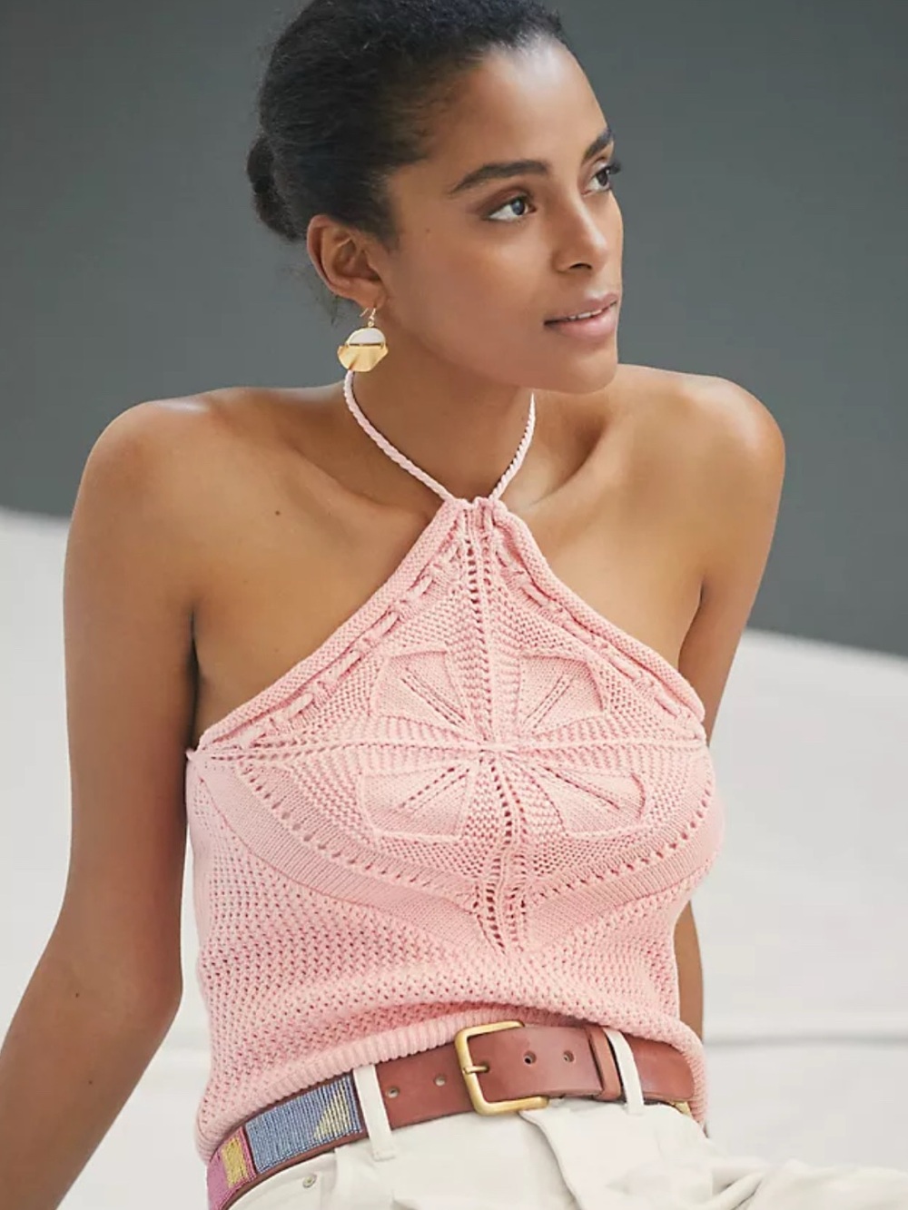 525 America Ribbed Knit Halter Top in Peach